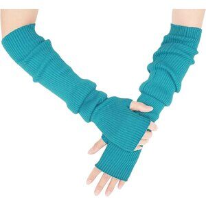 Women's Sky Blue Soft Cozy Arm Winter Warmers Fingerless Knitted Long Gloves